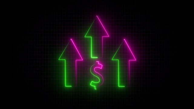 Glowing neon line of dollar sign icon and up arrow isolated on grid background. Money, profit, investment, growth business, economy, finance and success concept animation .