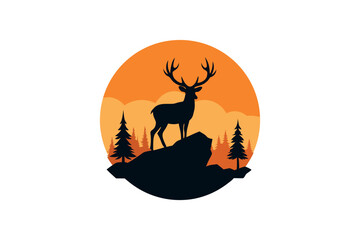 deer silhouette in sunset forest scenery with mountain background and trees