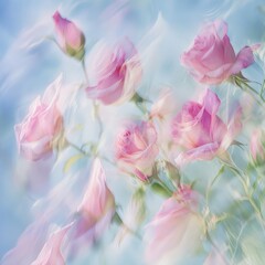 Fototapeta premium Soft focus pink roses on blue background.