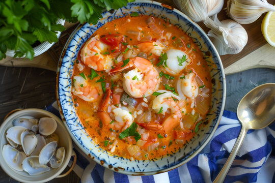 bermuda fish chowder soup with shrimp, top view