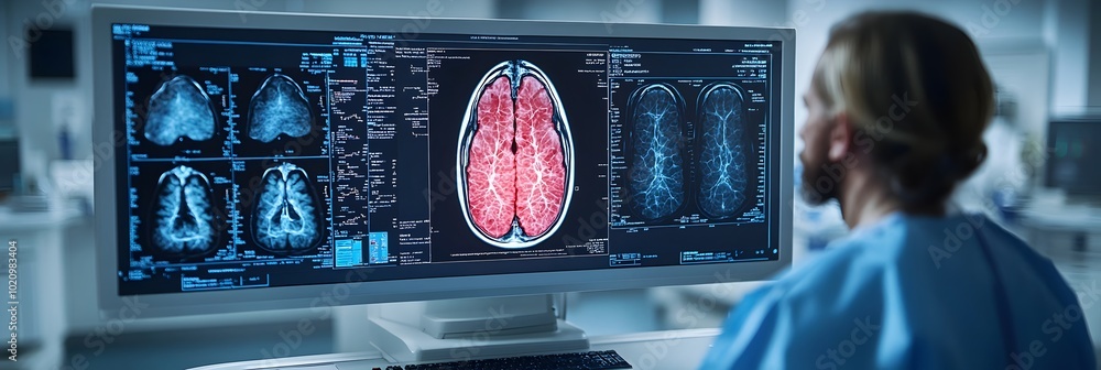 Poster advanced brain imaging and neural analysis displayed on digital medical monitor for healthcare,scien