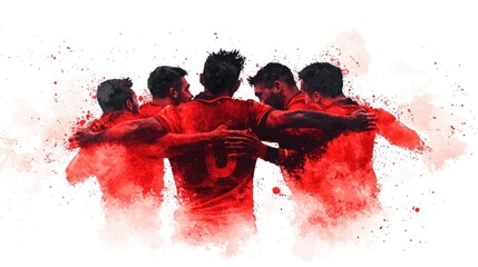 Unified Football Team Strategy Meeting in Watercolor Style with Expressive Brush Strokes and Soft Colors