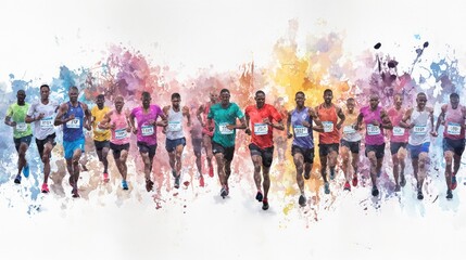 Obraz premium Endurance in Watercolor: Marathon Runners Conquering the Urban Race's Final Mile with Expressive Brush Strokes and Fluid Colors
