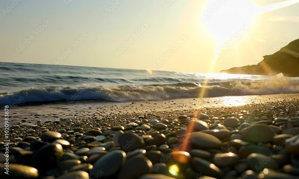 Poster a close up view of a pebbled beach with the sun shining and waves crashing in the background.