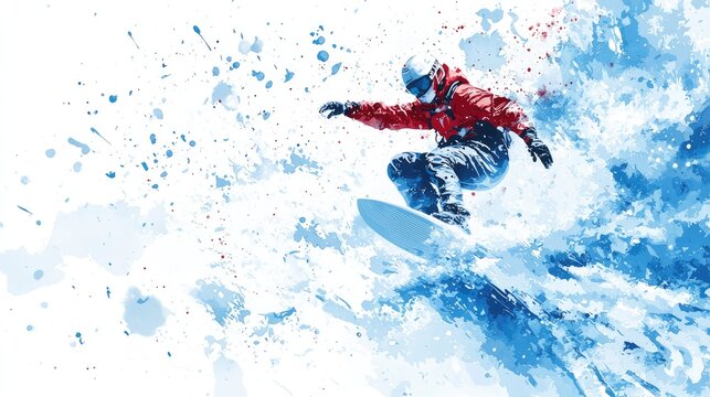 Energizing Waters: Kite Surfer Soaring Amid Dramatic Ocean Waves in Watercolor Style