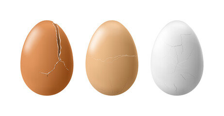 Chicken eggs of different colors with broken shells and cracks. Vector isolated hatching, boiled or uncooked product. Nutritious product for dieting and nourishment. Farming and nutrition