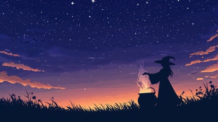 A captivating illustration of a witch stirring a cauldron under a starry sky at dusk, evoking a magical Halloween atmosphere in a serene landscape.