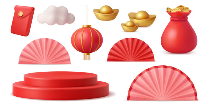 Traditional Asian items on Chinese new year festivity celebration. Vector isolated set of red folding fan, hanging lantern, gold bars, hongbao envelopes and sack with money coins for prosperity