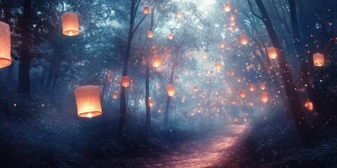 Naklejka premium Lanterns float in misty forest.