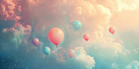 Fototapeta premium Pink and blue balloons floating in sky.
