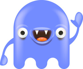 Funny very cute smiling violet ghost monster isolated on white background. Comic Funky violet Ghost cartoon character and cute emoji. Halloween spirit element.