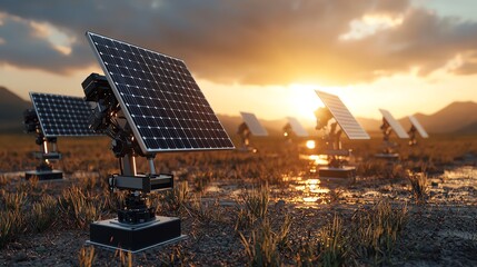 Solar tracking systems, automated panels following the sun, 3D illustration