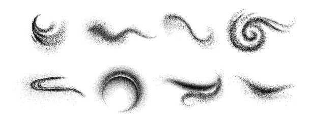 Grainy effect shapes and splashes of dust, powder or sand. Vector isolated realistic traces on surface, dots particles and grungy stardust item for art, home decor and design of typography © Sensvector