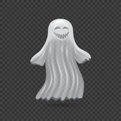 Ghost character for Halloween holiday celebration. Vector spooky frightening apparition with big teeth. Spirit or poltergeist from haunted house isolated on transparent background