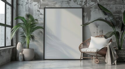 Modern Minimalist Living Room Interior Design with Blank Canvas Mockup