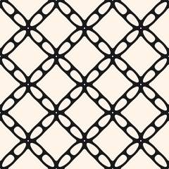 Naklejka premium Vector seamless pattern with geometric grid, net, lattice, mesh, perforated structure. Stylish black and white texture with smooth shapes, floral silhouettes, diamonds. Monochrome repeated design