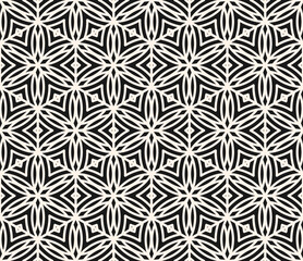 Black and white geometric seamless pattern with floral silhouettes, leaves, stars, hexagonal grid, curved lines. Monochrome abstract texture. Vector ornamental background. Repeated luxury geo design