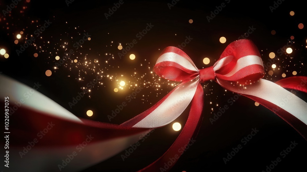 Wall mural a crisp, red and white ribbon in the shape of a bow, with glowing stars gently hovering around it