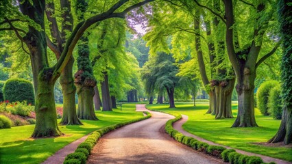 Fototapeta premium A winding pathway through a lush, verdant forest, surrounded by tall, majestic trees with vibrant green foliage, creating a serene and picturesque landscape.