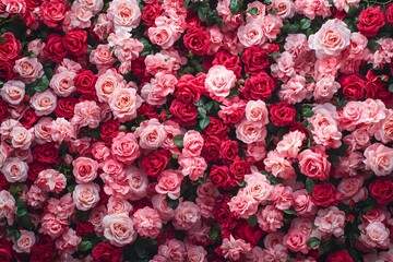 Lush red and pink rose floral wall with green leaves, romantic flower arrangement for weddings