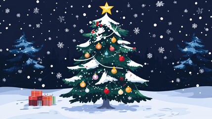 Christmas tree ornaments flat design front view winter wonderland theme cartoon drawing vivid