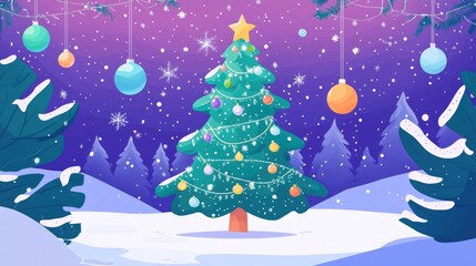 Fototapeta premium Christmas tree ornaments flat design front view winter wonderland theme cartoon drawing vivid