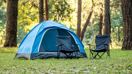 A family-friendly weekend getaway spot featuring a tent and two seats in a park's outside, fresh air atmosphere