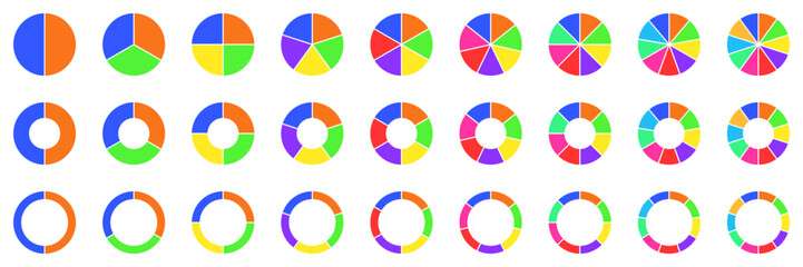 Pie Chart Set for Infographic, Data analysis, Web UI or Presentation. Process Cycle Diagram with up to 10 sections. Vector illustration.