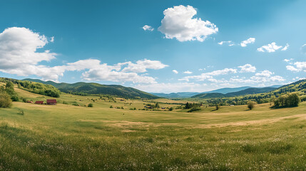 Obraz premium Panorama of Beautiful Countryside of Romania: A scenic panorama of Romania�s countryside, showcasing rolling hills, grassy fields, and a sunny afternoon springtime landscape.