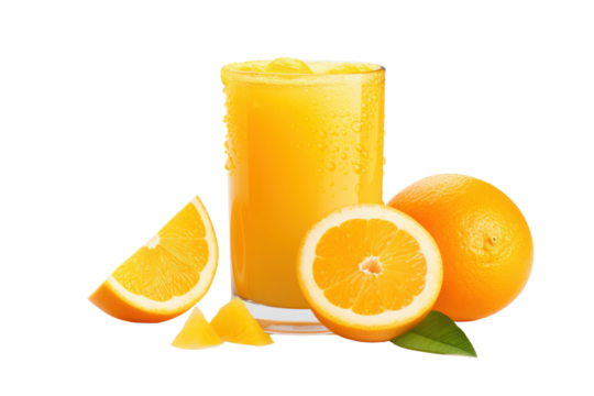 A single glass of chilled orange juice with condensation droplets on the surface, surrounded by whole oranges, isolated on a white background