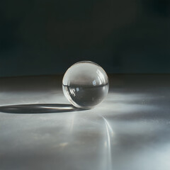 A clear glass sphere is displayed on a shadowy, reflective surface.
