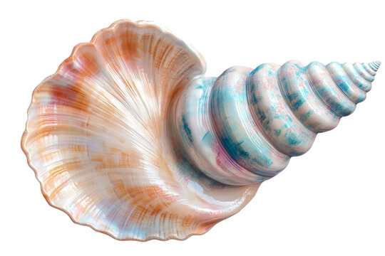 Colorful seashell with intricate patterns on white isolated background.