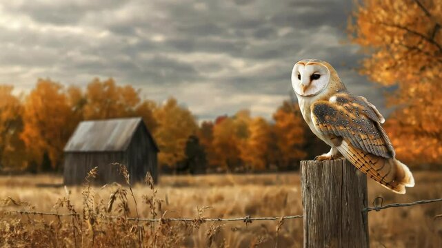 Barn owl perched on a fence post with an autumn barn landscape