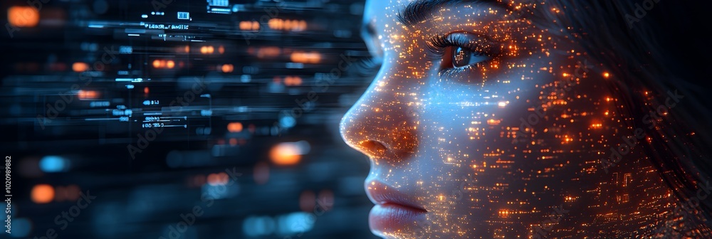 Fototapete Captivating digital portrait of a glowing,illuminated face surrounded by a futuristic environment of data,code,and abstract energy.