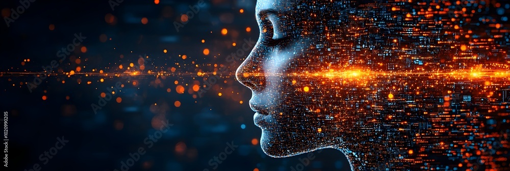 Poster Captivating digital portrait with a mesmerizing fusion of glowing particles,intricate patterns,and surreal textures.