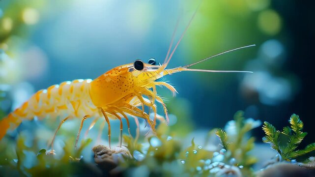 A tiny, vibrant shrimp with spotted orange patterns sits delicately on a coral branch, set against a soft, blue-green background