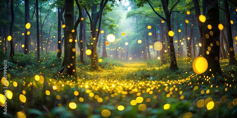 Poster A misty forest path illuminated by a carpet of fireflies, creating a magical and enchanting atmosphere