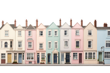 Fototapeta premium A series of pastel-colored townhouses featuring soft tones of pink, lavender, mint, and sky blue, with simple designs and clean lines, isolated against a white background