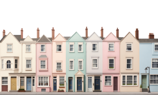 A series of pastel-colored townhouses featuring soft tones of pink, lavender, mint, and sky blue, with simple designs and clean lines, isolated against a white background