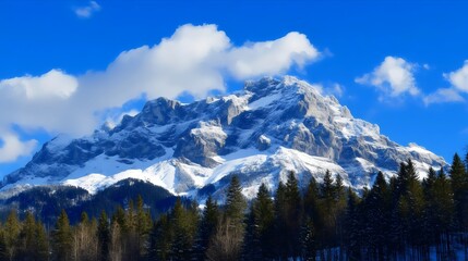 Obraz premium Beautiful Snowy Rocky Mountains Peaks, Alpine tree line, Blue Skies and Clouds