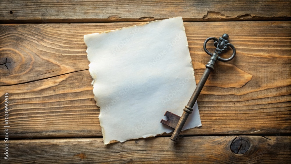 Poster an antique key resting on a sheet of aged paper, both placed on a rustic wooden surface.