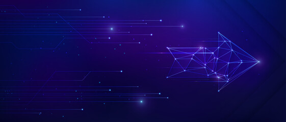 Cyber arrow with dots and lines, on abstract blue technology background