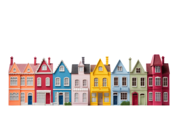 A row of vibrant, multi-colored houses with bold hues, including red, yellow, blue, green, and pink, each with unique architectural details