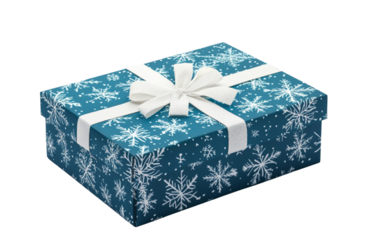 Elegant blue gift box adorned with snowflakes, perfect for holiday celebrations, isolated on white background.