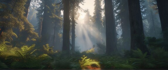 Obraz premium Huge red wood forest like forest with sun shining through firs. Highly detailed and realistic illustration