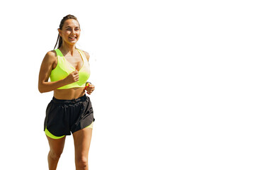 A Woman Jogs in Bright Athletic Wear on a Sunny Day in a Park Setting, Enjoying Her Fitness Routine and Staying Active