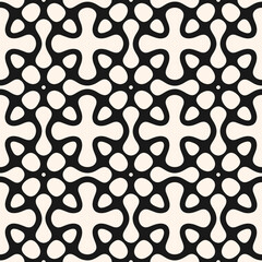 Vector geometric abstract texture. Black and white seamless pattern with curved lines, grid, lattice, floral silhouettes, organic shapes. Simple monochrome ornamental background. Repeated geo design