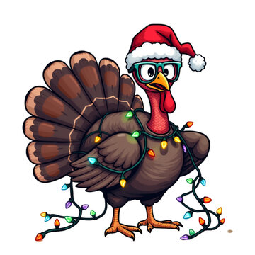 turkey wears a Santa hat and glasses while tangled in colorful Christmas lights.
