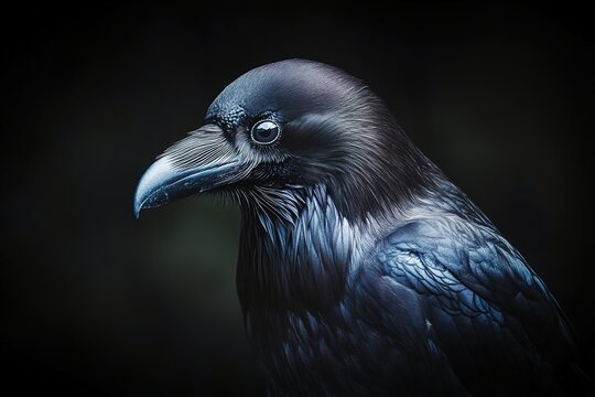 Close-up of raven on dark background with detailed feathers