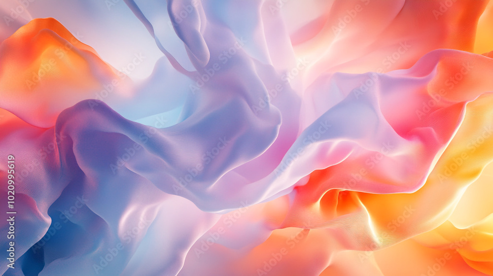 Poster an abstract background with flowing, colorful shapes that resemble fabric or liquid forms, creating 